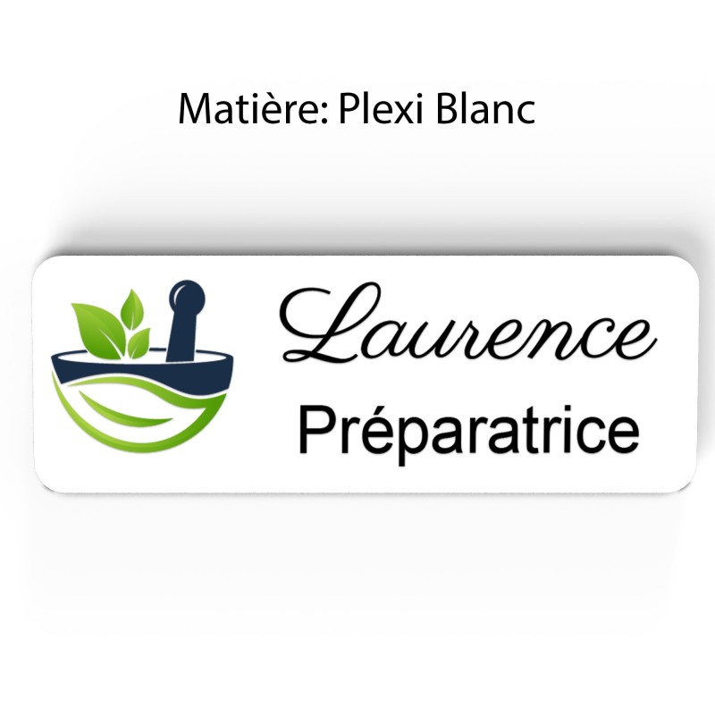 Badge pharmacie Personnalisé Préparateurs, Préparatrice bois, or brossé, argent brossé acrylique blanc et noir