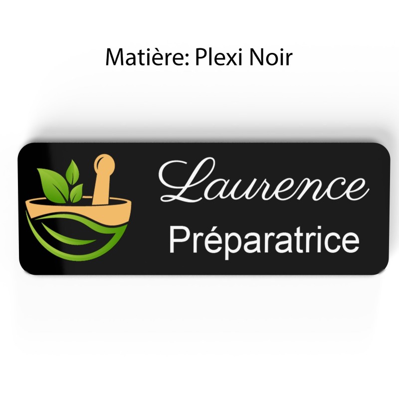 Badge pharmacie Personnalisé Préparateurs, Préparatrice bois, or brossé, argent brossé acrylique blanc et noir