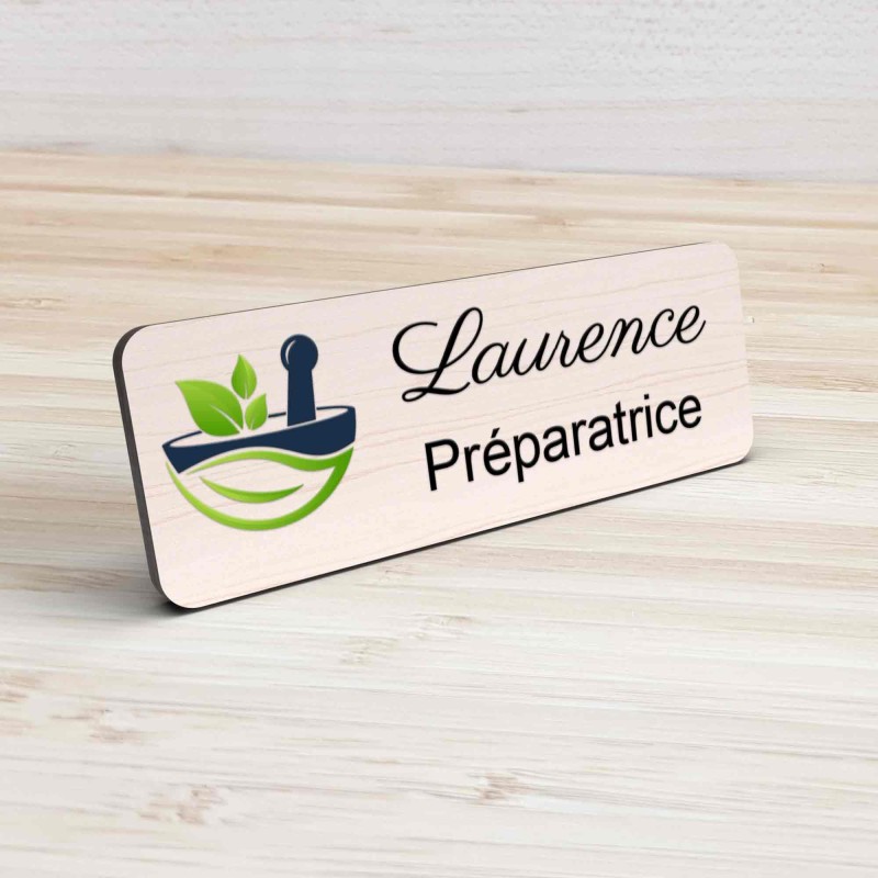 Badge pharmacie Personnalisé Préparateurs, Préparatrice bois, or brossé, argent brossé acrylique blanc et noir