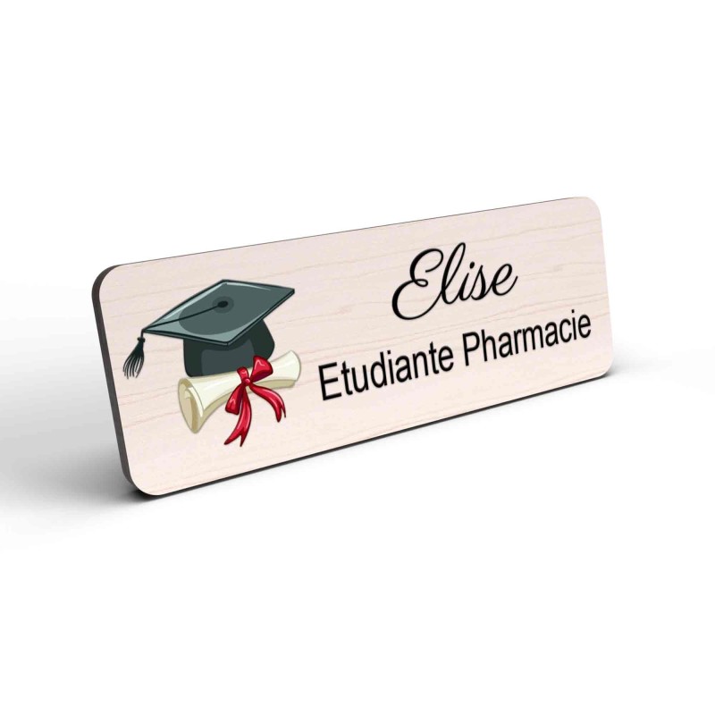 Badge étudiant pharmacie Personnalisé Préparatrice, Pharmacien, élève en Pharmacie bois, or brossé, argent brossé acrylique blan