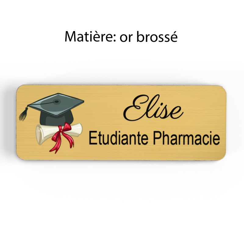 Badge étudiant pharmacie Personnalisé Préparatrice, Pharmacien, élève en Pharmacie bois, or brossé, argent brossé acrylique blan