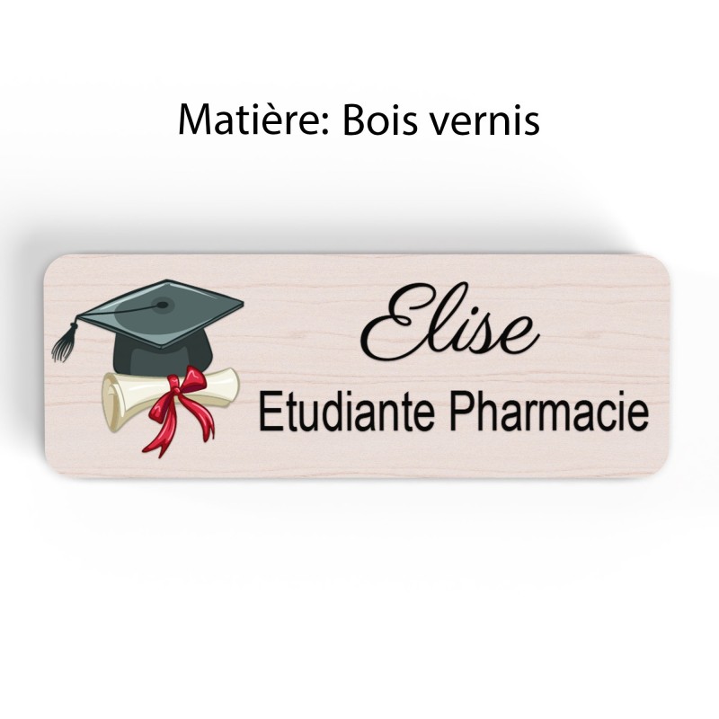 Badge étudiant pharmacie Personnalisé Préparatrice, Pharmacien, élève en Pharmacie bois, or brossé, argent brossé acrylique blan