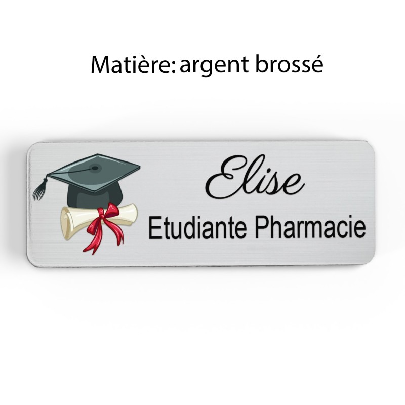 Badge étudiant pharmacie Personnalisé Préparatrice, Pharmacien, élève en Pharmacie bois, or brossé, argent brossé acrylique blan