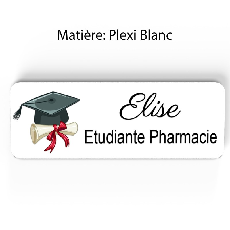 Badge étudiant pharmacie Personnalisé Préparatrice, Pharmacien, élève en Pharmacie bois, or brossé, argent brossé acrylique blan