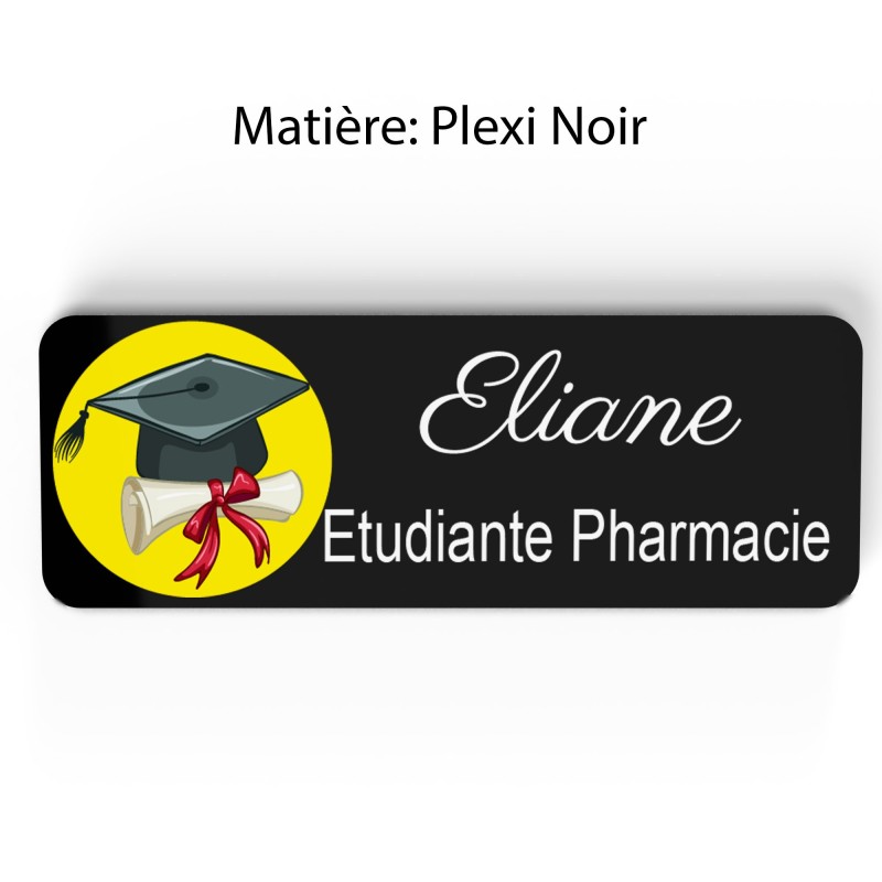 Badge étudiant pharmacie Personnalisé Préparatrice, Pharmacien, élève en Pharmacie bois, or brossé, argent brossé acrylique blan