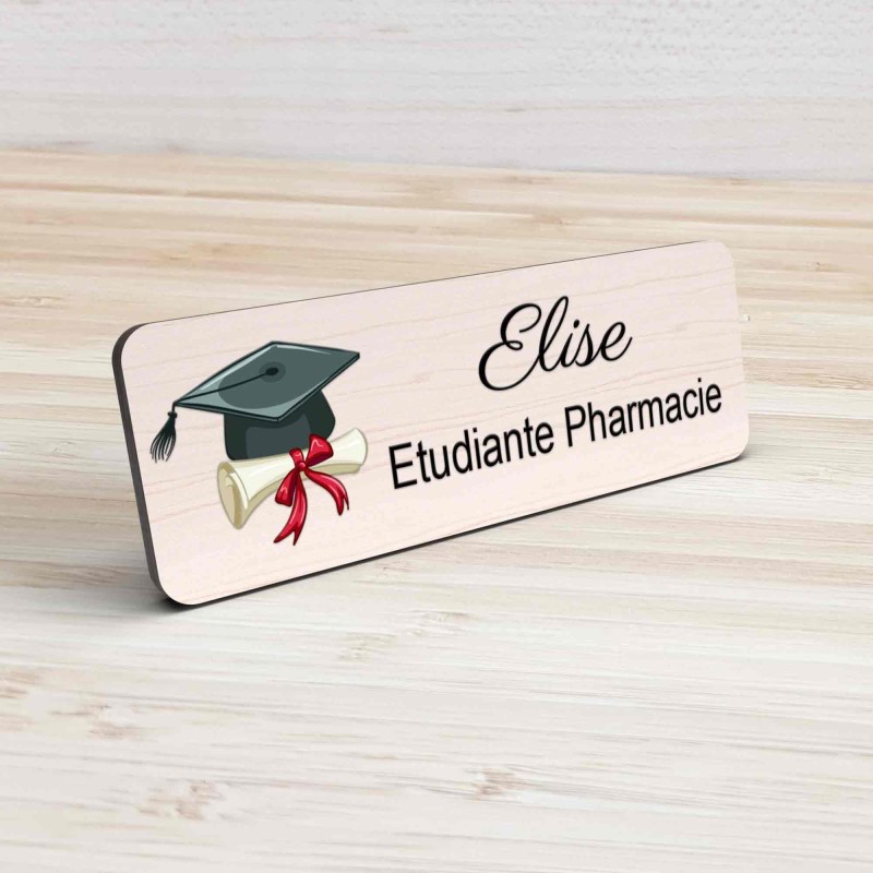 Badge étudiant pharmacie Personnalisé Préparatrice, Pharmacien, élève en Pharmacie bois, or brossé, argent brossé acrylique blan