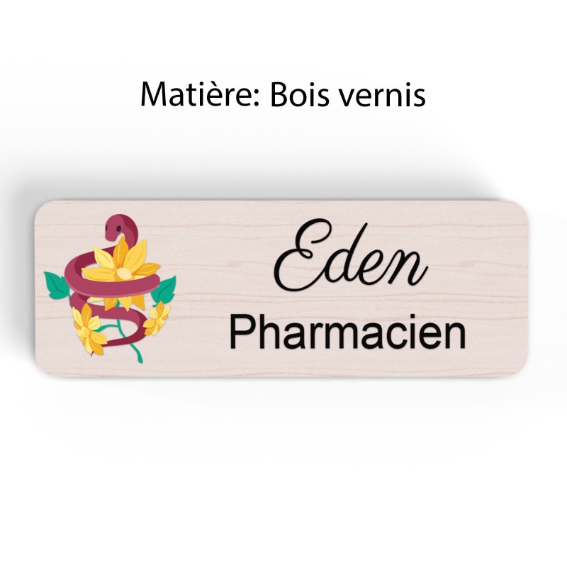 Badge pharmacie Personnalisé caducée Pharmaciens bois, or brossé, argent brossé acrylique blanc
