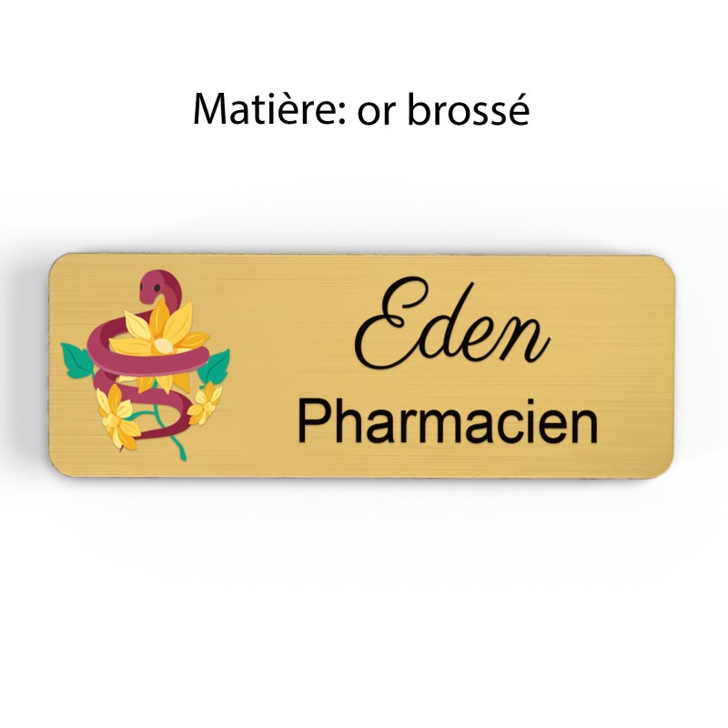 Badge pharmacie Personnalisé caducée Pharmaciens bois, or brossé, argent brossé acrylique blanc