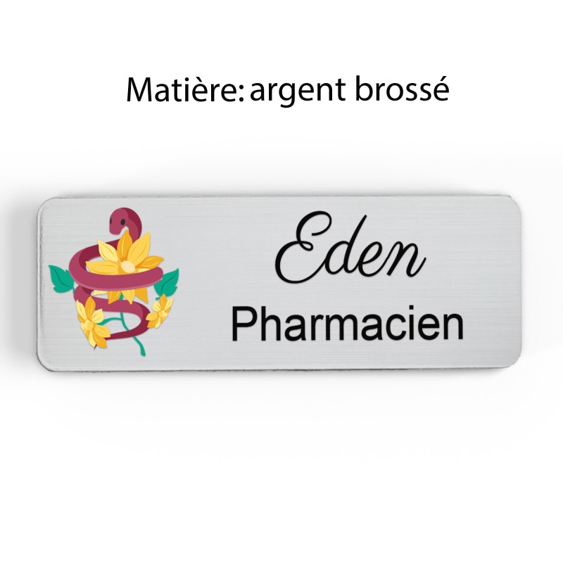 Badge pharmacie Personnalisé caducée Pharmaciens bois, or brossé, argent brossé acrylique blanc