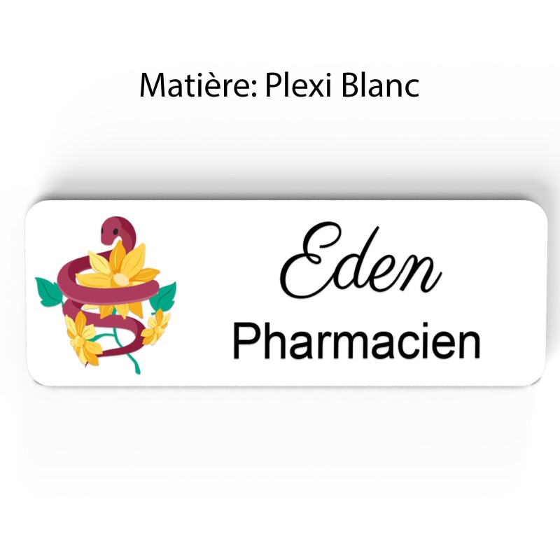 Badge pharmacie Personnalisé caducée Pharmaciens bois, or brossé, argent brossé acrylique blanc