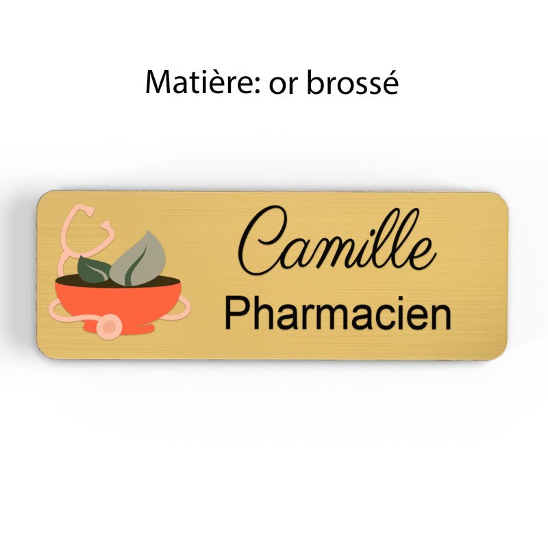 Badge pharmacie Personnalisé caducée Pharmaciens bois, or brossé, argent brossé acrylique blanc