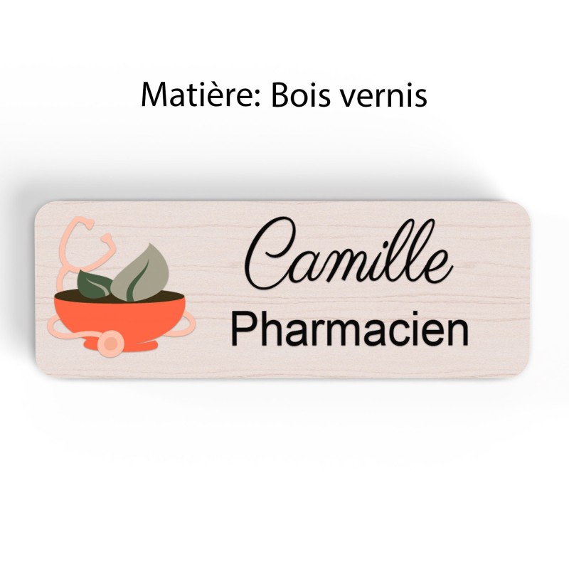 Badge pharmacie Personnalisé caducée Pharmaciens bois, or brossé, argent brossé acrylique blanc