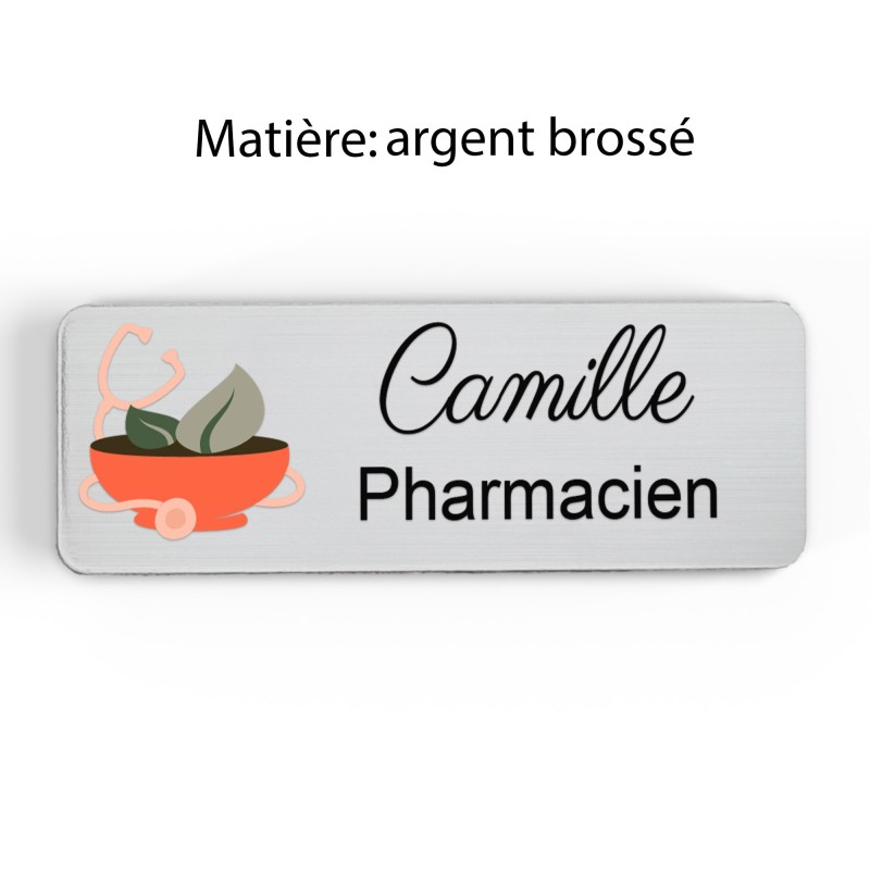 Badge pharmacie Personnalisé caducée Pharmaciens bois, or brossé, argent brossé acrylique blanc