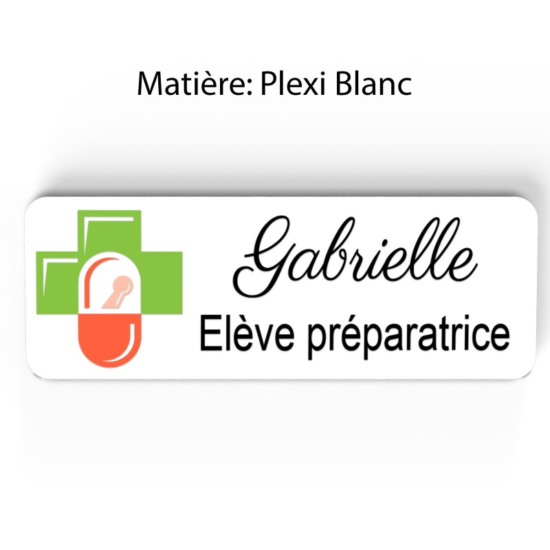 Badge pharmacie Personnalisé Préparatrice, Pharmacien, élève en Pharmacie bois, or brossé, argent brossé acrylique blanc et noir