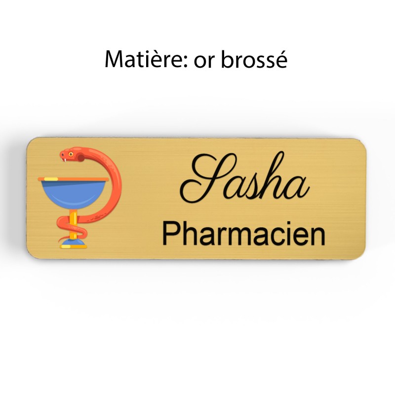 Badge pharmacie Personnalisé caducée Pharmaciens bois, or brossé, argent brossé acrylique blanc