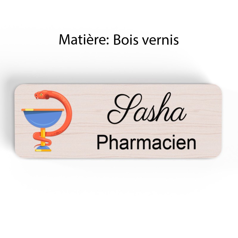 Badge pharmacie Personnalisé caducée Pharmaciens bois, or brossé, argent brossé acrylique blanc