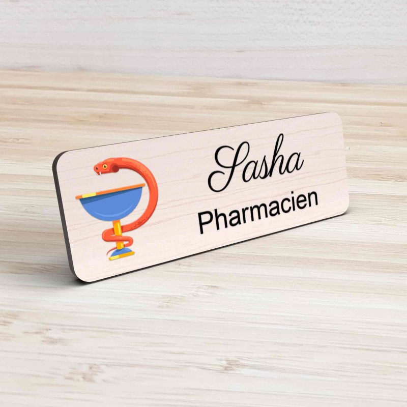 Badge pharmacie Personnalisé caducée Pharmaciens bois, or brossé, argent brossé acrylique blanc
