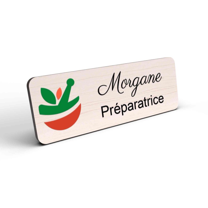 Badge pharmacie Personnalisé Préparateurs, Préparatrice bois, or brossé, argent brossé acrylique blanc et noir