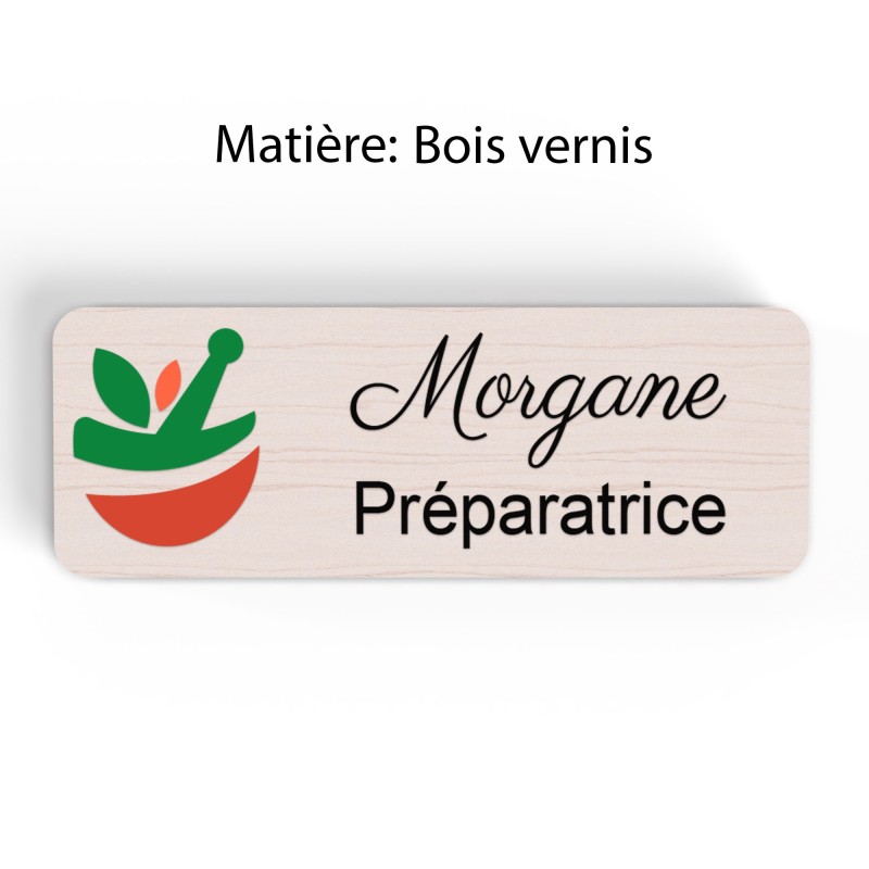 Badge pharmacie Personnalisé Préparateurs, Préparatrice bois, or brossé, argent brossé acrylique blanc et noir