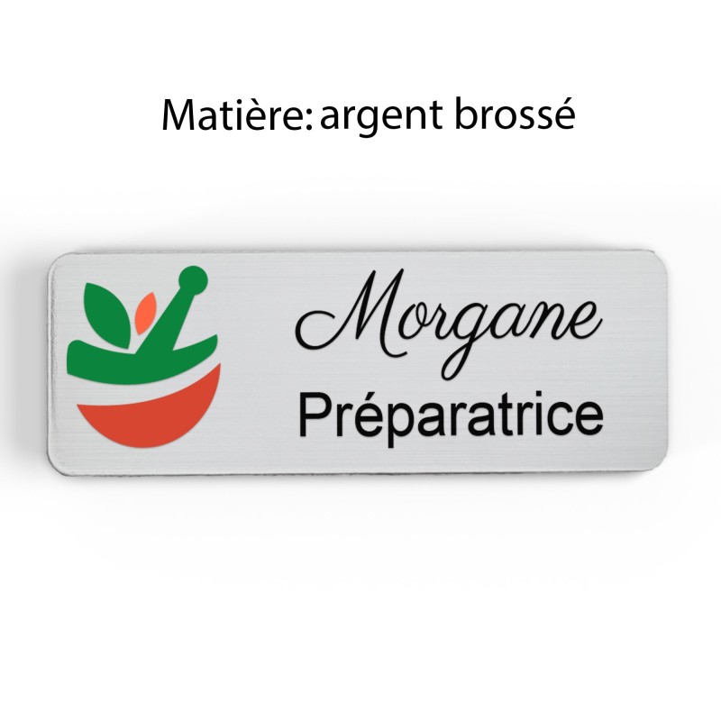 Badge pharmacie Personnalisé Préparateurs, Préparatrice bois, or brossé, argent brossé acrylique blanc et noir