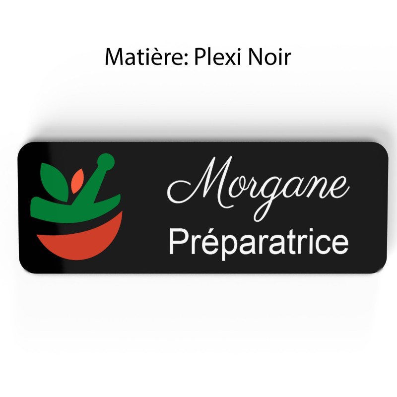 Badge pharmacie Personnalisé Préparateurs, Préparatrice bois, or brossé, argent brossé acrylique blanc et noir