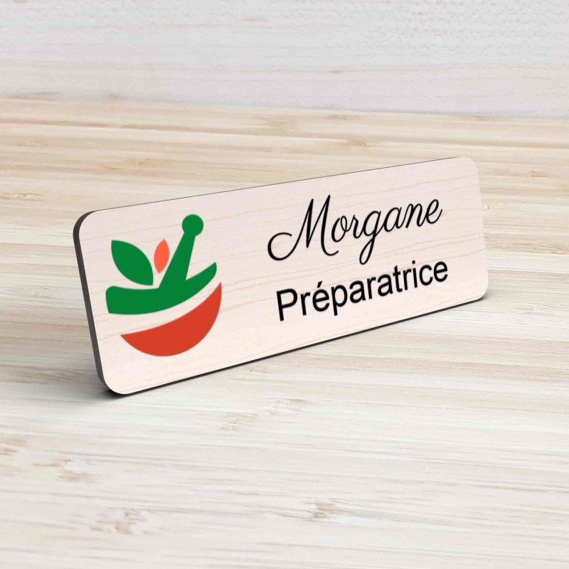 Badge pharmacie Personnalisé Préparateurs, Préparatrice bois, or brossé, argent brossé acrylique blanc et noir