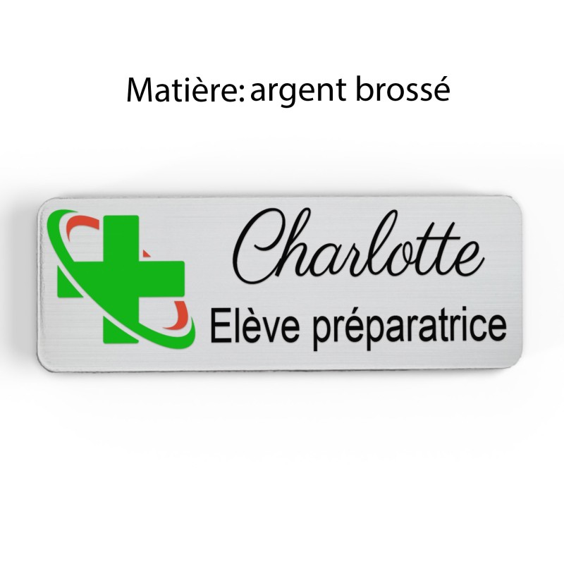 Badge pharmacie Personnalisé Préparatrice, Pharmacien, élève en Pharmacie bois, or brossé, argent brossé acrylique blanc et noir
