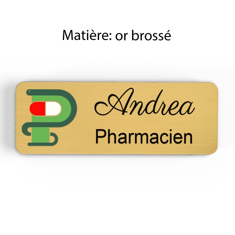 Badge pharmacie Personnalisé caducée Pharmaciens bois, or brossé, argent brossé acrylique blanc