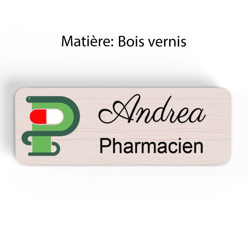 Badge pharmacie Personnalisé caducée Pharmaciens bois, or brossé, argent brossé acrylique blanc
