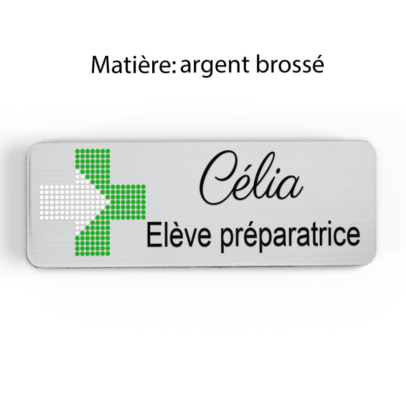 Badge pharmacie Personnalisé Préparatrice, Pharmacien, élève en Pharmacie bois, or brossé, argent brossé acrylique blanc et noir