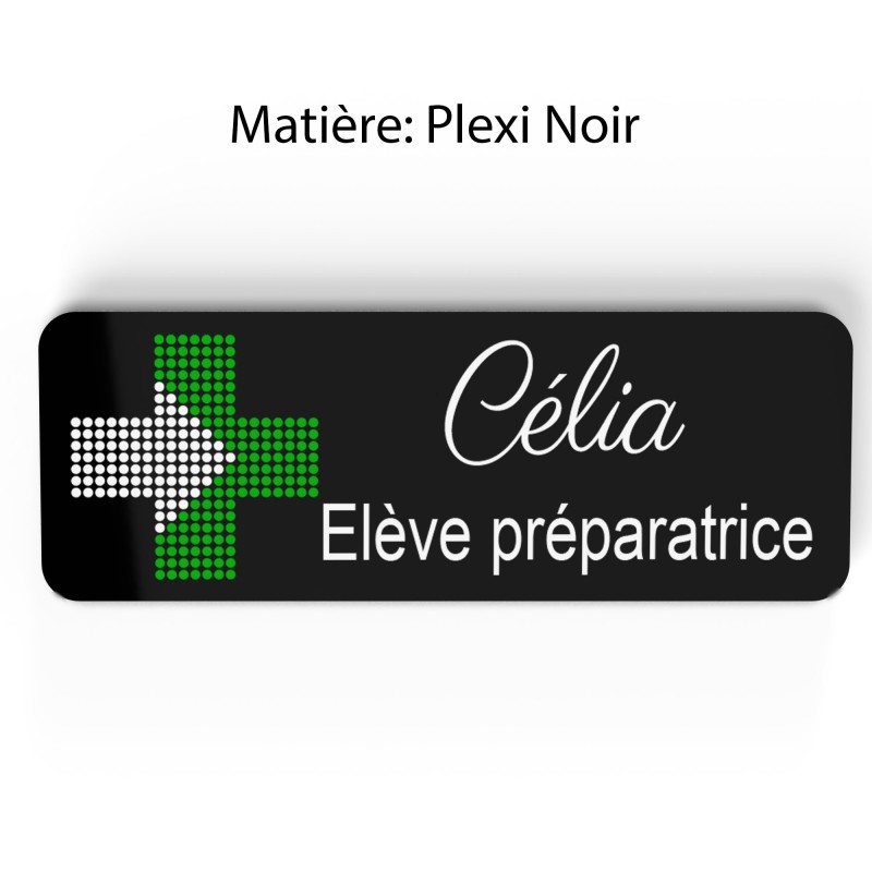 Badge pharmacie Personnalisé Préparatrice, Pharmacien, élève en Pharmacie bois, or brossé, argent brossé acrylique blanc et noir