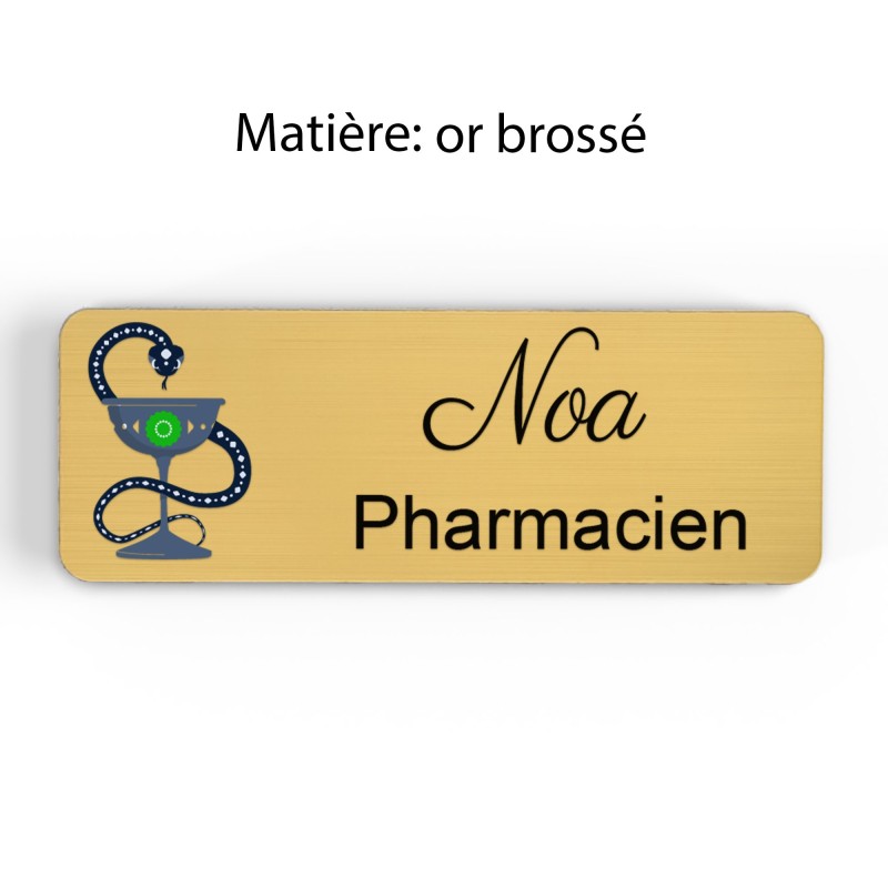 Badge pharmacie Personnalisé caducée Pharmaciens bois, or brossé, argent brossé acrylique blanc