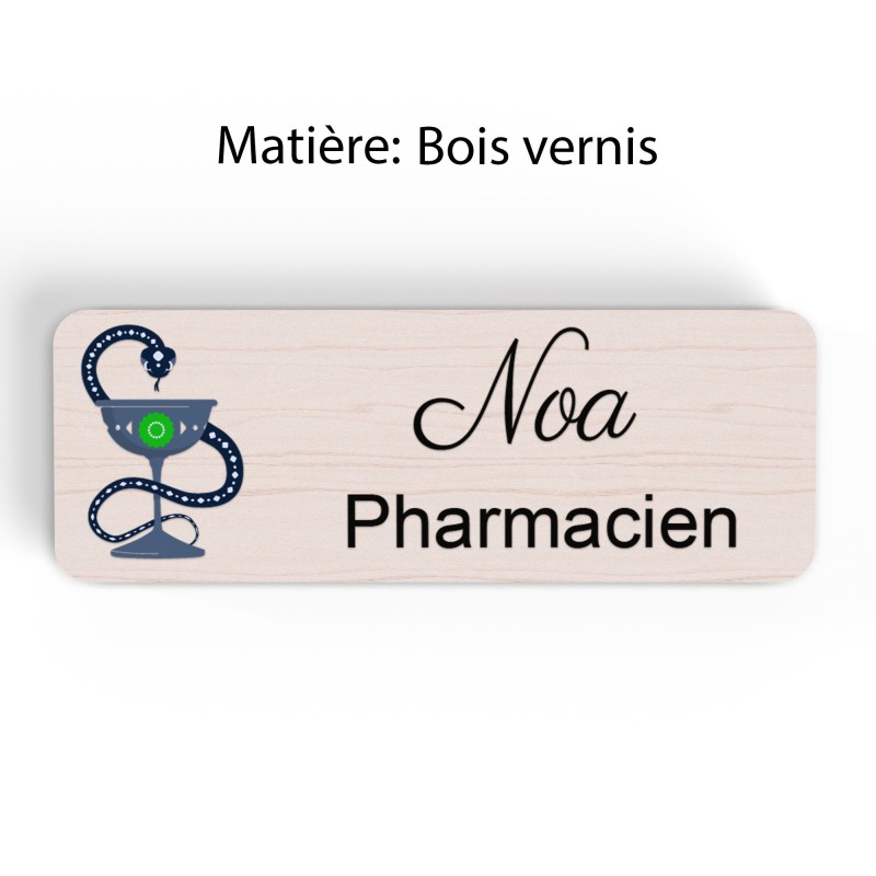 Badge pharmacie Personnalisé caducée Pharmaciens bois, or brossé, argent brossé acrylique blanc