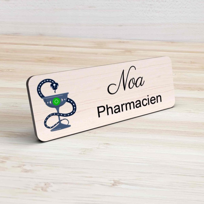 Badge pharmacie Personnalisé caducée Pharmaciens bois, or brossé, argent brossé acrylique blanc