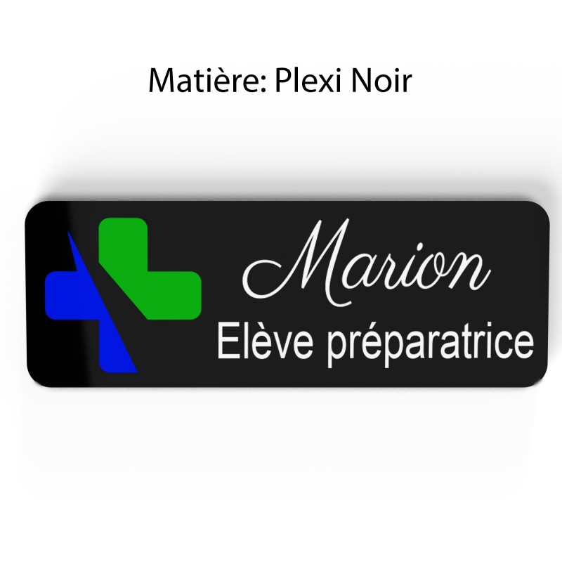 Badge pharmacie Personnalisé Préparatrice, Pharmacien, élève en Pharmacie bois, or brossé, argent brossé acrylique blanc et noir