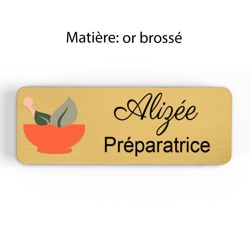 Badge pharmacie Personnalisé Préparateurs, Préparatrice bois, or brossé, argent brossé acrylique blanc et noir