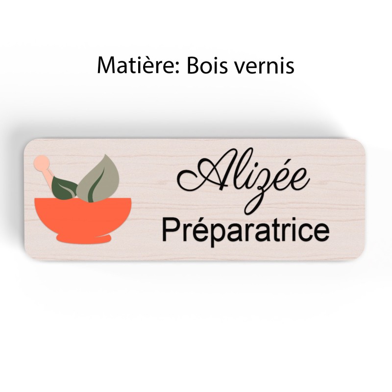 Badge pharmacie Personnalisé Préparateurs, Préparatrice bois, or brossé, argent brossé acrylique blanc et noir