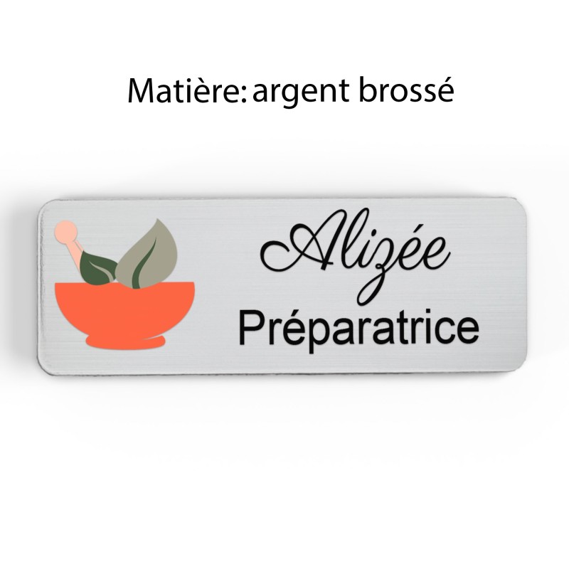Badge pharmacie Personnalisé Préparateurs, Préparatrice bois, or brossé, argent brossé acrylique blanc et noir