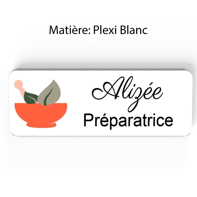 Badge pharmacie Personnalisé Préparateurs, Préparatrice bois, or brossé, argent brossé acrylique blanc et noir