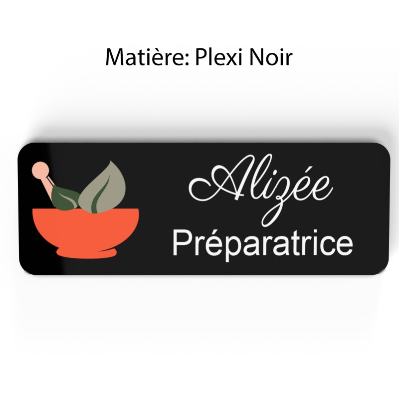 Badge pharmacie Personnalisé Préparateurs, Préparatrice bois, or brossé, argent brossé acrylique blanc et noir