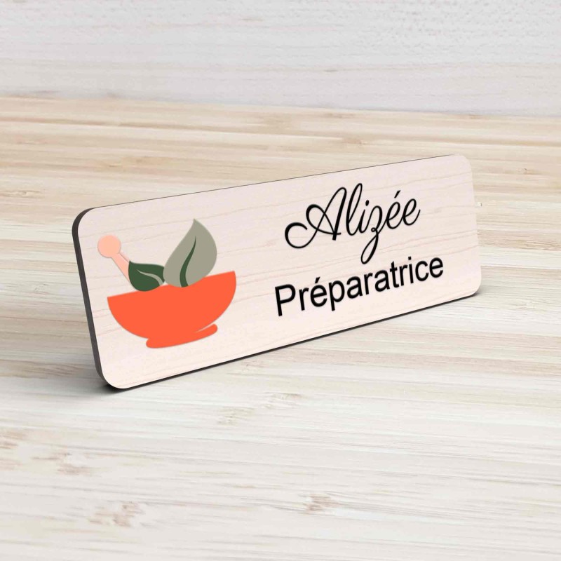 Badge pharmacie Personnalisé Préparateurs, Préparatrice bois, or brossé, argent brossé acrylique blanc et noir