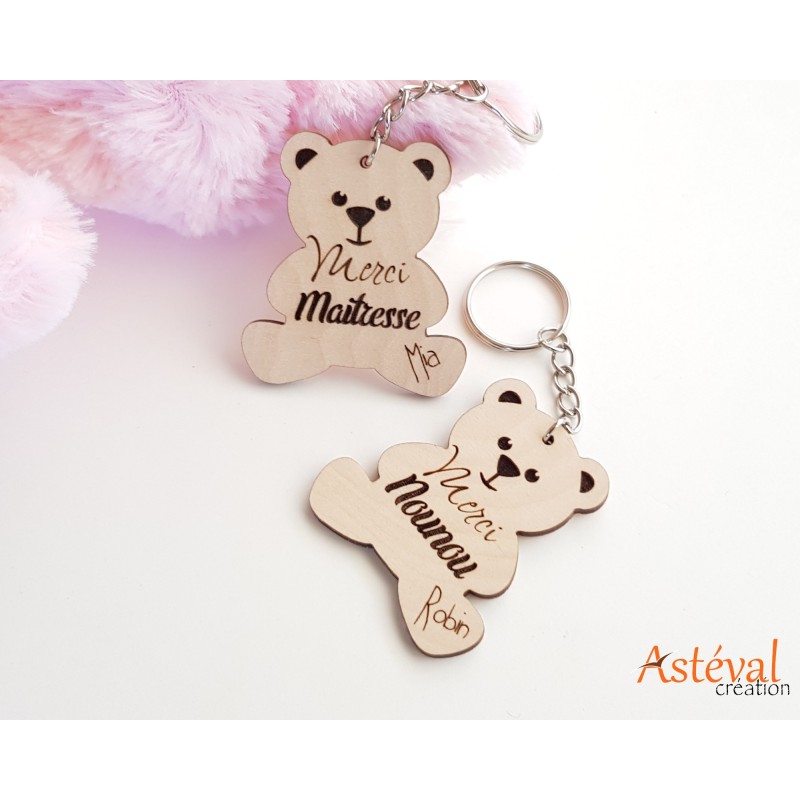 Porte clefs personnalisé bois ourson cadeau remerciement fin d'année scolaire - maîtresse - nounou- atsem