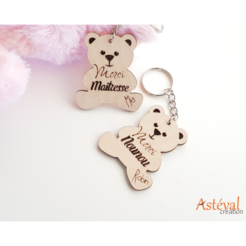 Porte clefs personnalisé bois ourson cadeau remerciement fin d'année scolaire - maîtresse - nounou- atsem