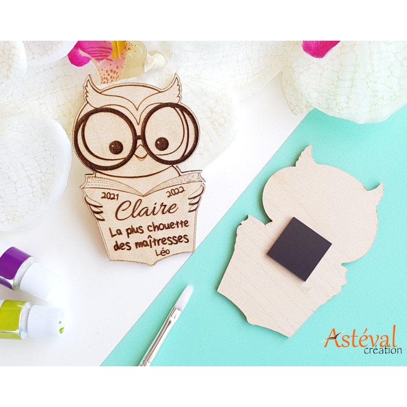 Magnet personnalisé bois chouette remerciement fin d'année scolaire - maîtresse - nounou- atsem
