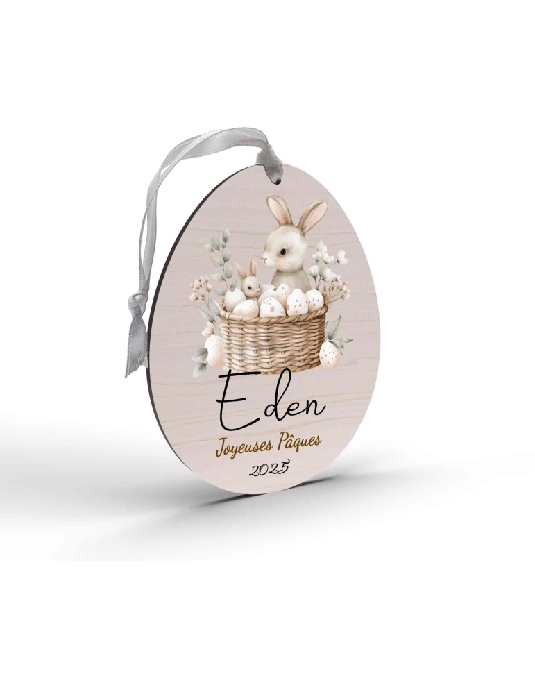 Souvenir de Pâques pour Bébé - Œuf Personnalisé en Bois et Lapin