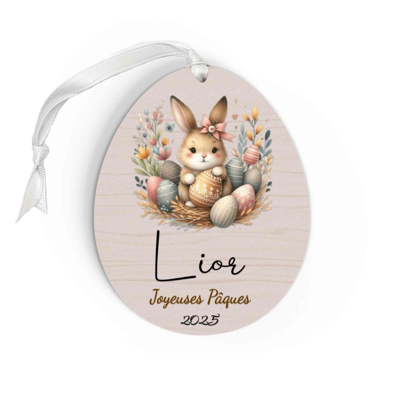 Œuf de Pâques Personnalisé avec lapin, Décoration en Bois, Prénom et Année, Cadeau Souvenir Unique pour Enfant et Famille