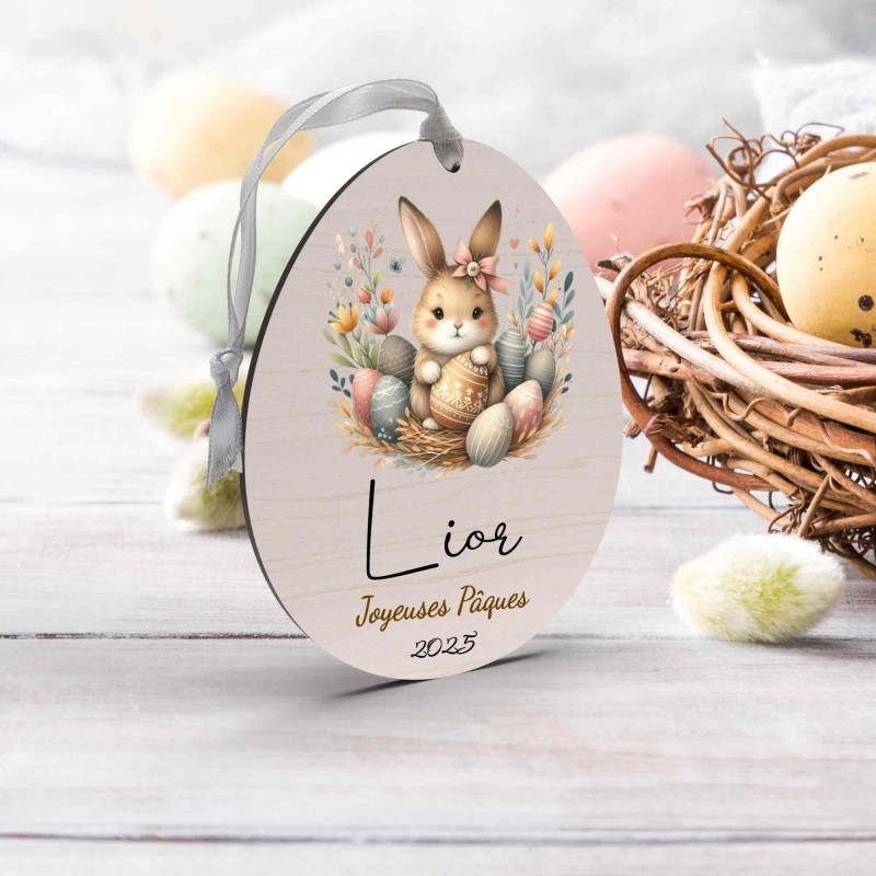 Œuf de Pâques Personnalisé avec lapin, Décoration en Bois, Prénom et Année, Cadeau Souvenir Unique pour Enfant et Famille