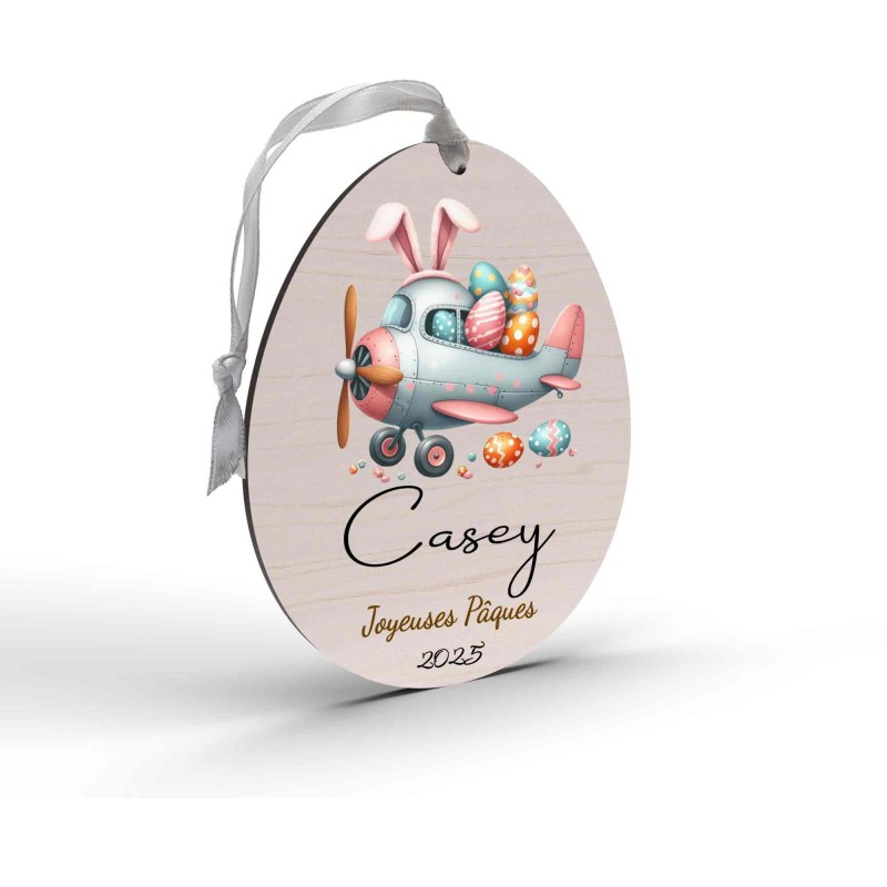 Œuf de Pâques Personnalisé avec avion lapin, Décoration en Bois, Prénom et Année, Cadeau Souvenir Unique pour Enfant et Famille
