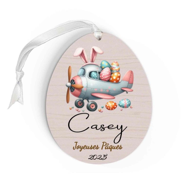 Œuf de Pâques Personnalisé avec avion lapin, Décoration en Bois, Prénom et Année, Cadeau Souvenir Unique pour Enfant et Famille
