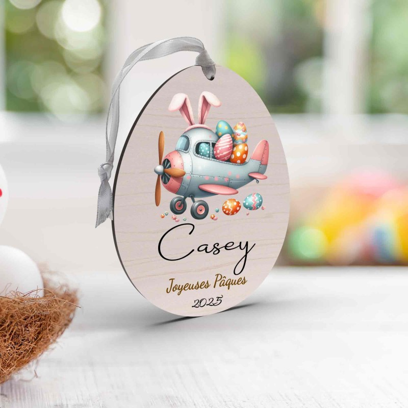 Œuf de Pâques Personnalisé avec avion lapin, Décoration en Bois, Prénom et Année, Cadeau Souvenir Unique pour Enfant et Famille